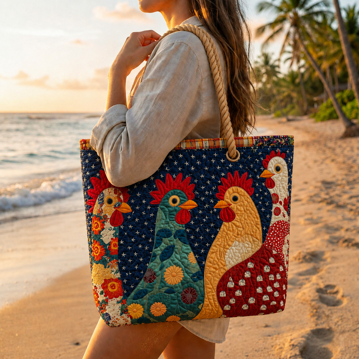 Farm Rooster Parade Quilted Beach Bag GFTOQA1563