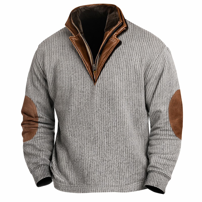 Men’s Vintage Wool Knit Sweater with Calfskin Stand Collar