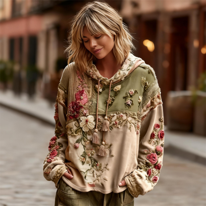 Women's Vintage Floral Patchwork Color Block Hoodie