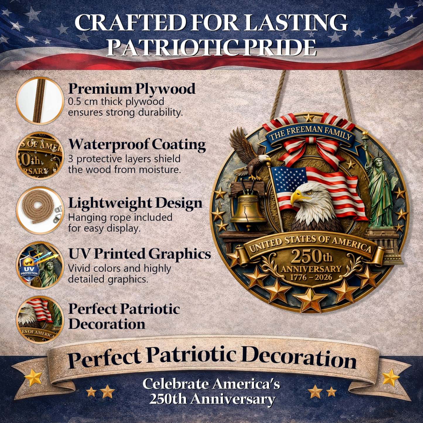 Custom Family Patriotic Door Decor – America 250th Anniversary Edition