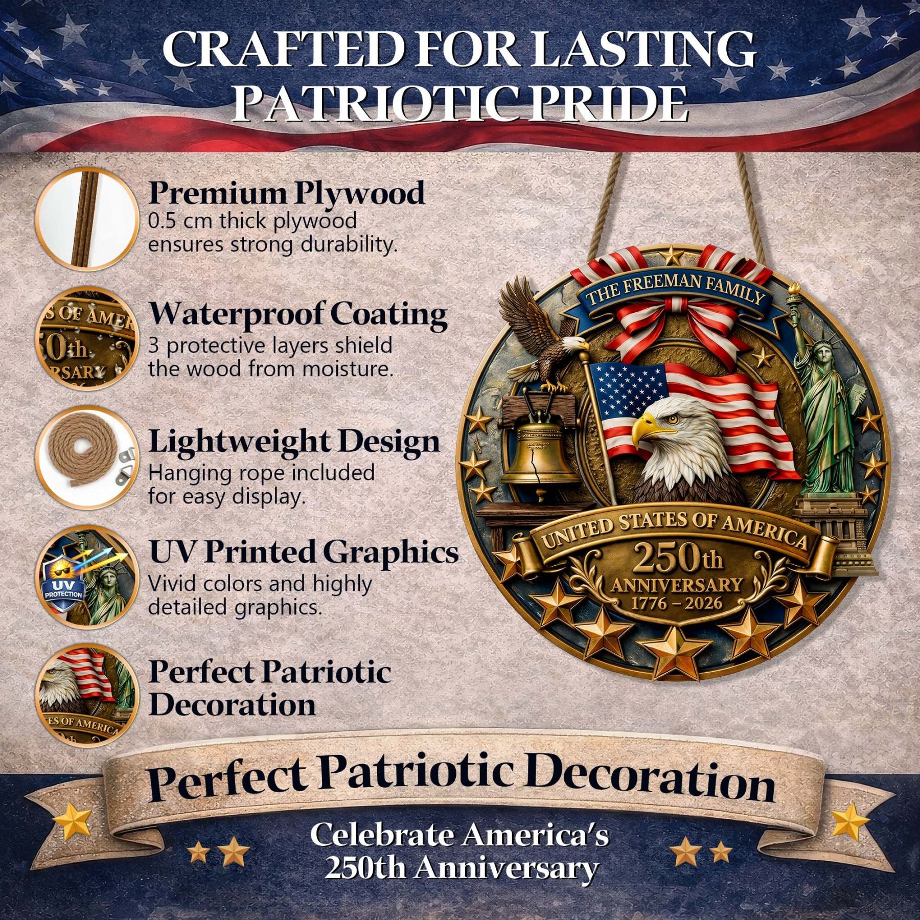Custom Family Patriotic Door Decor – America 250th Anniversary Edition
