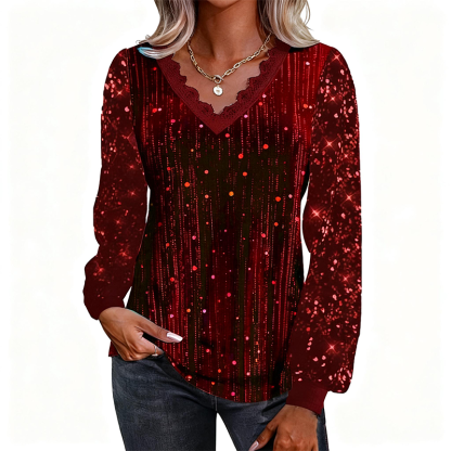 Women’s Casual Vintage Sequin V-Neck Blouse