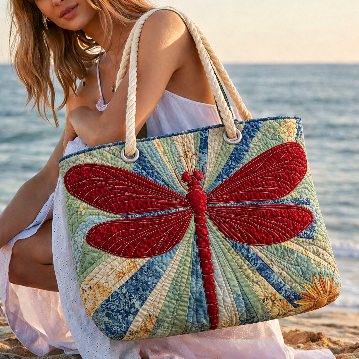 Red Dragonfly Quilted Beach Bag