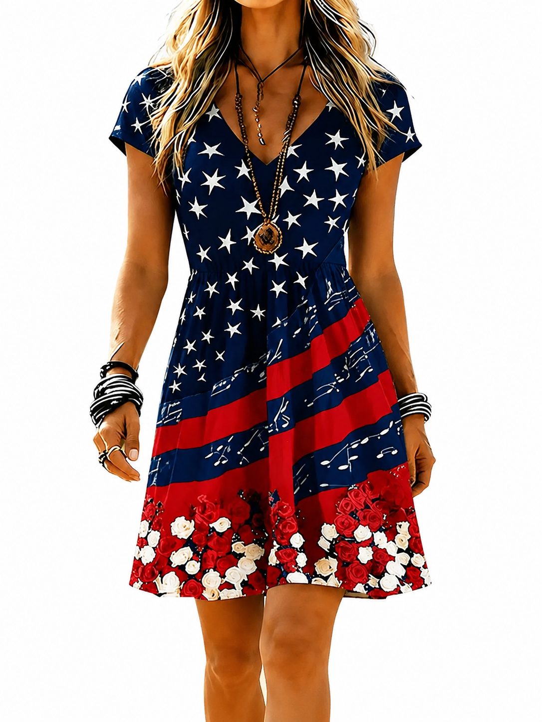 Casual American Five-star Flag Fluttering Colorful Flag V-neck Short Sleeved Dress