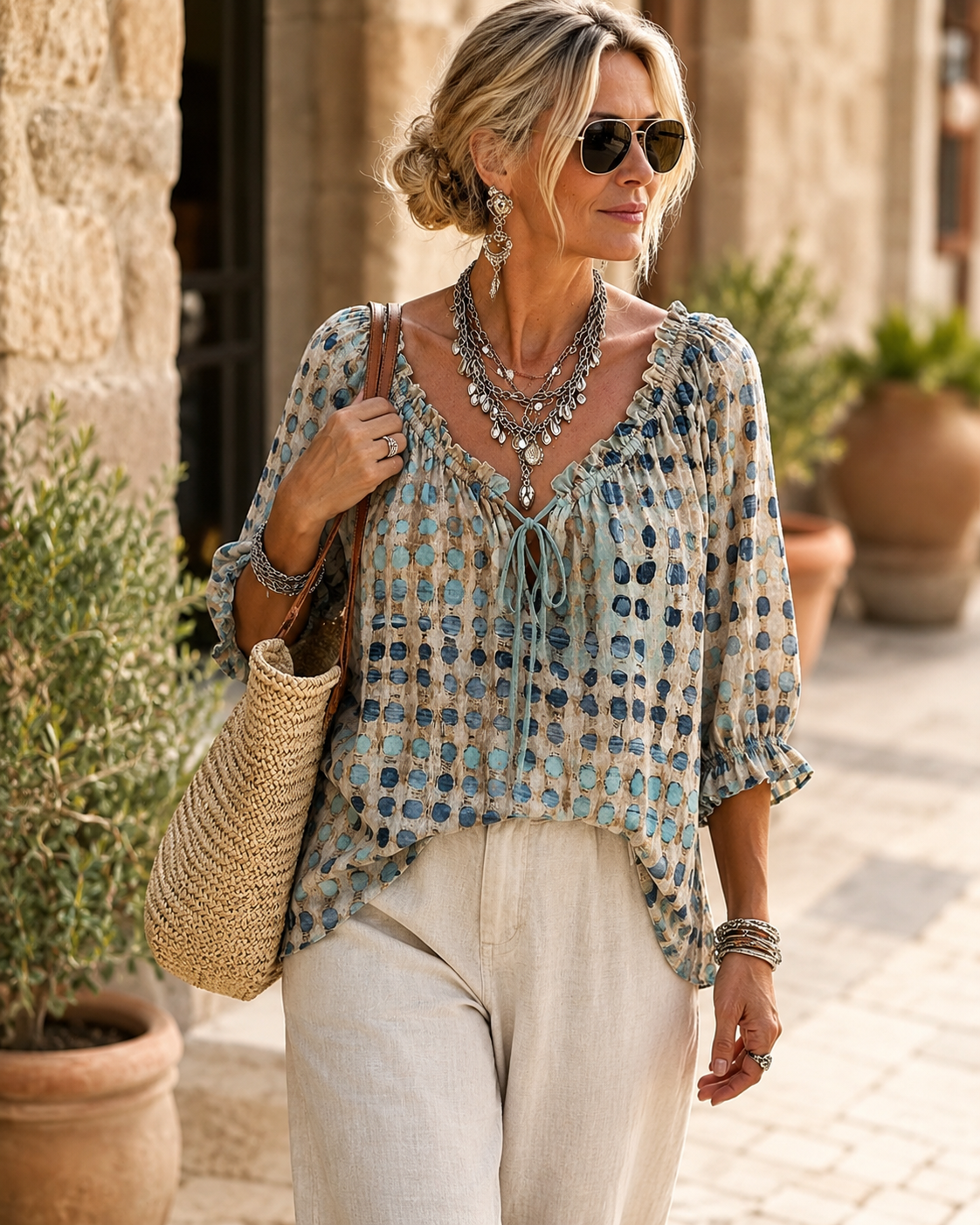 Polka Dot Lace Up Blouse