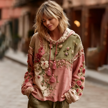 Women's Vintage Floral Patchwork Color Block Hoodie