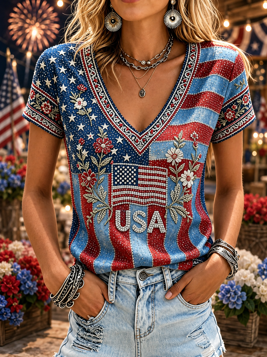 Women's America Hot Drill Floral Art Print Casual T-shirt