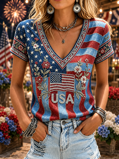 Women's America Hot Drill Floral Art Print Casual T-shirt