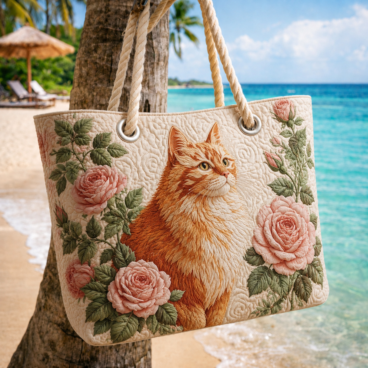 Rose Cat Quilted Beach Bag GFTOQA1530