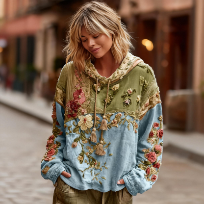 Women's Vintage Floral Patchwork Color Block Hoodie