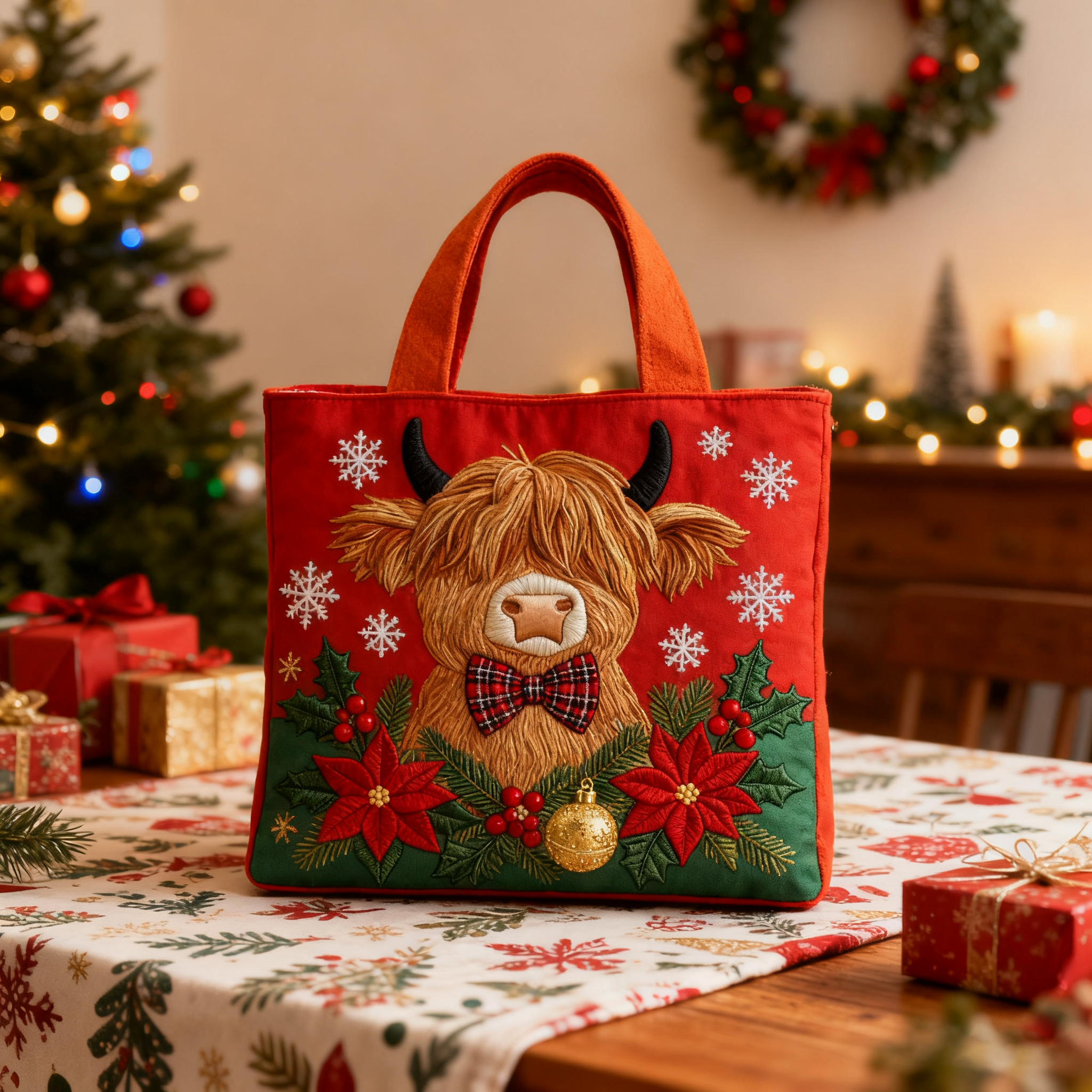 Christmas Highland Cow Quilted Tote Bag
