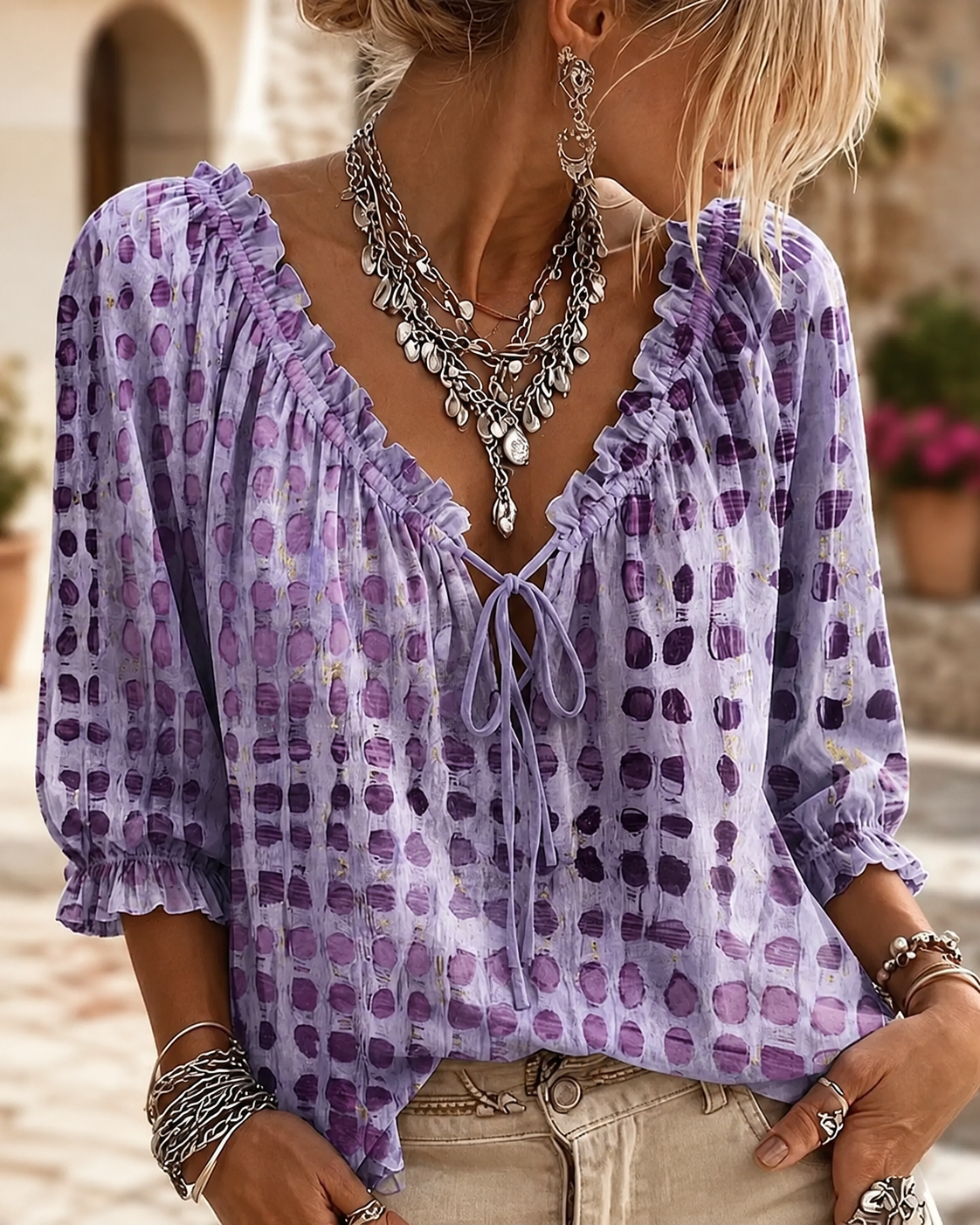 Polka Dot Lace Up Blouse