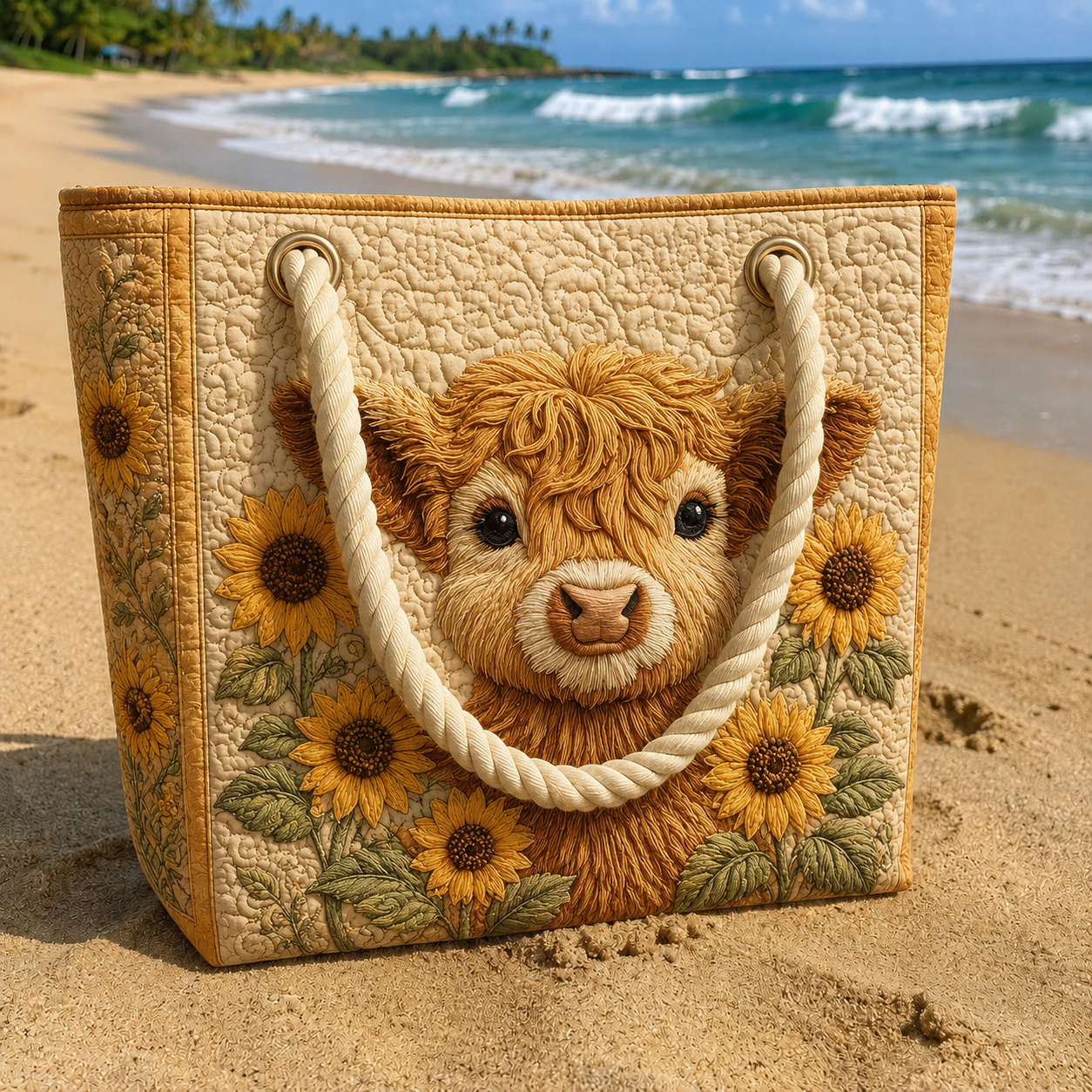 Sunflower Highland Cow Quilted Beach Bag GFTOQA1571