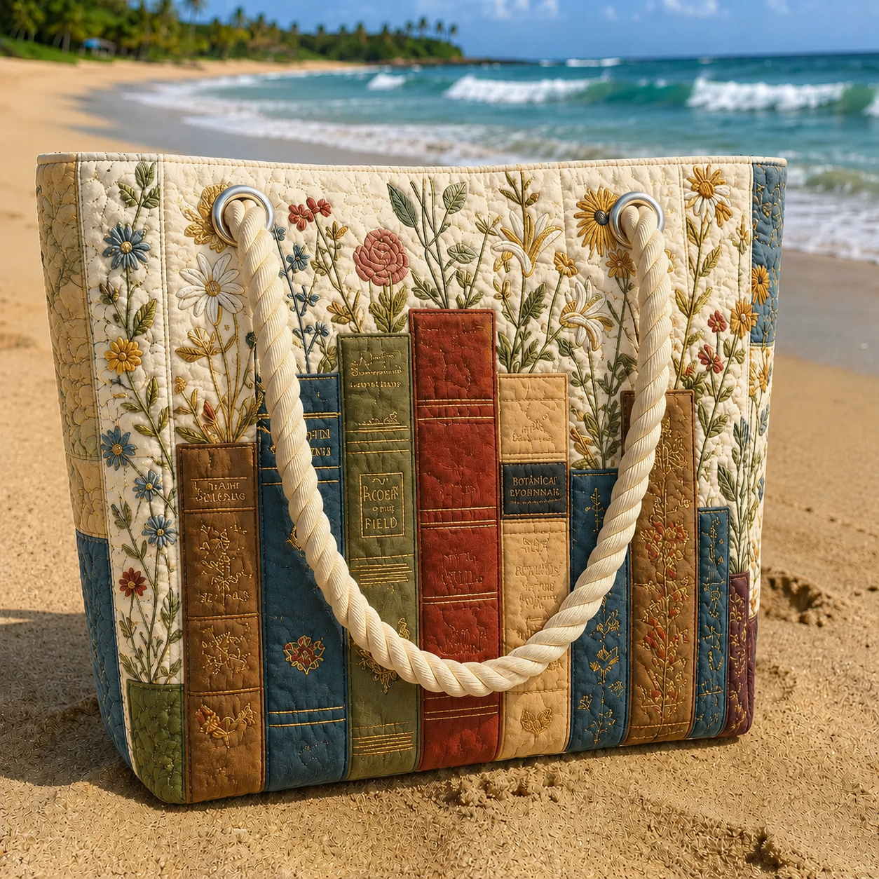 Floral Scroll-Style Quilted Beach Bag