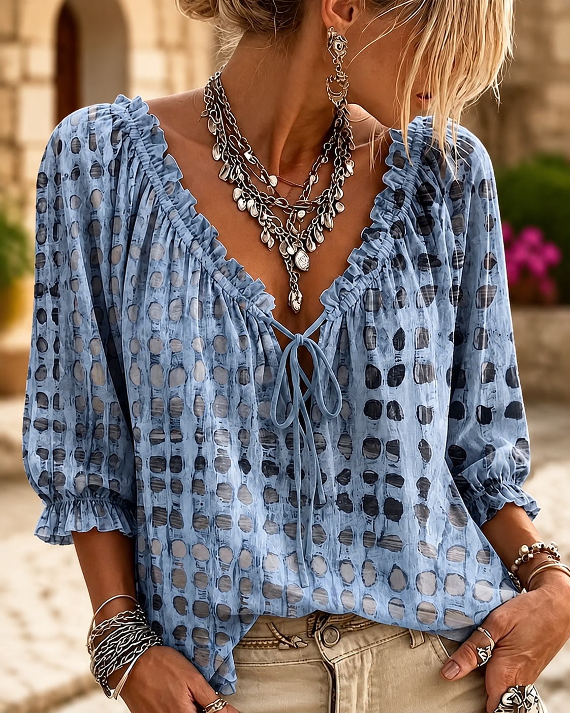 Polka Dot Lace Up Blouse
