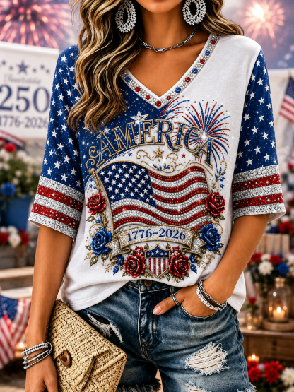 Women's Retro Independence Day Anniversary Print Cotton Linen T-shirt