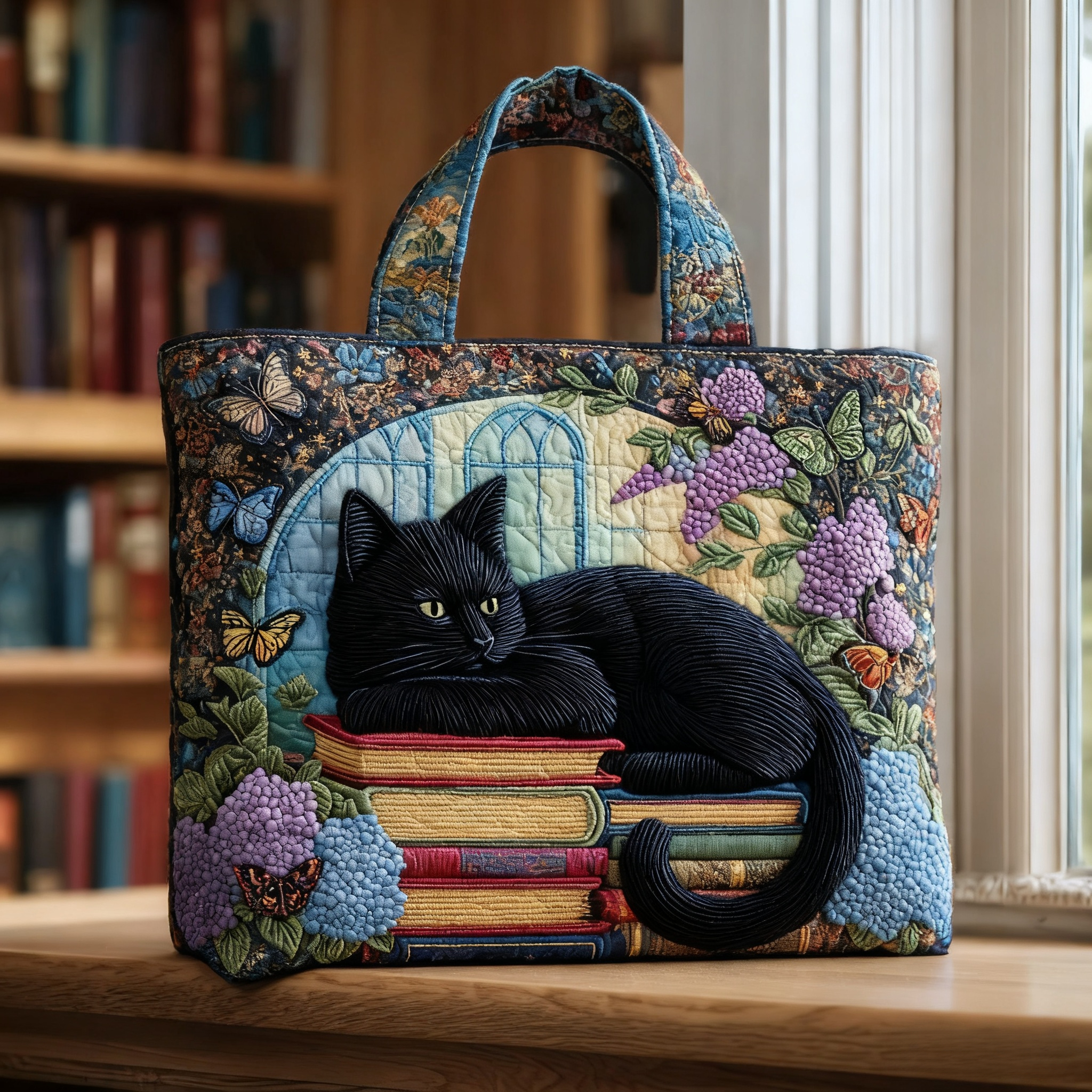 Elegant black cat quilted tote bag
