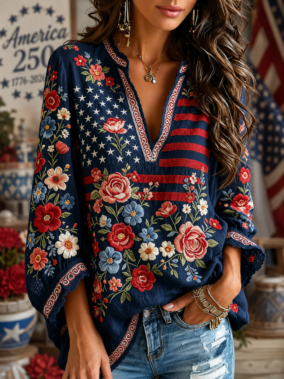 Vintage Floral Flag Art Cotton Linen V-neck Long Sleeve Top