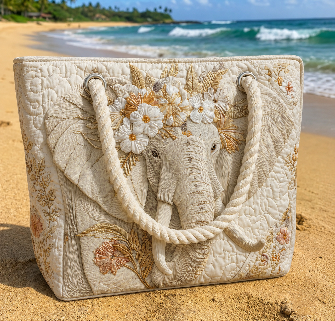 Ivory Elephant Bloom Quilted Beach Bag GFTOQA1565