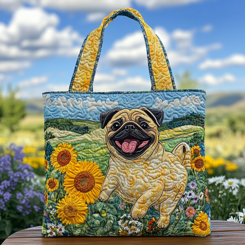 Happy Pug Quilted Tote  Bag
