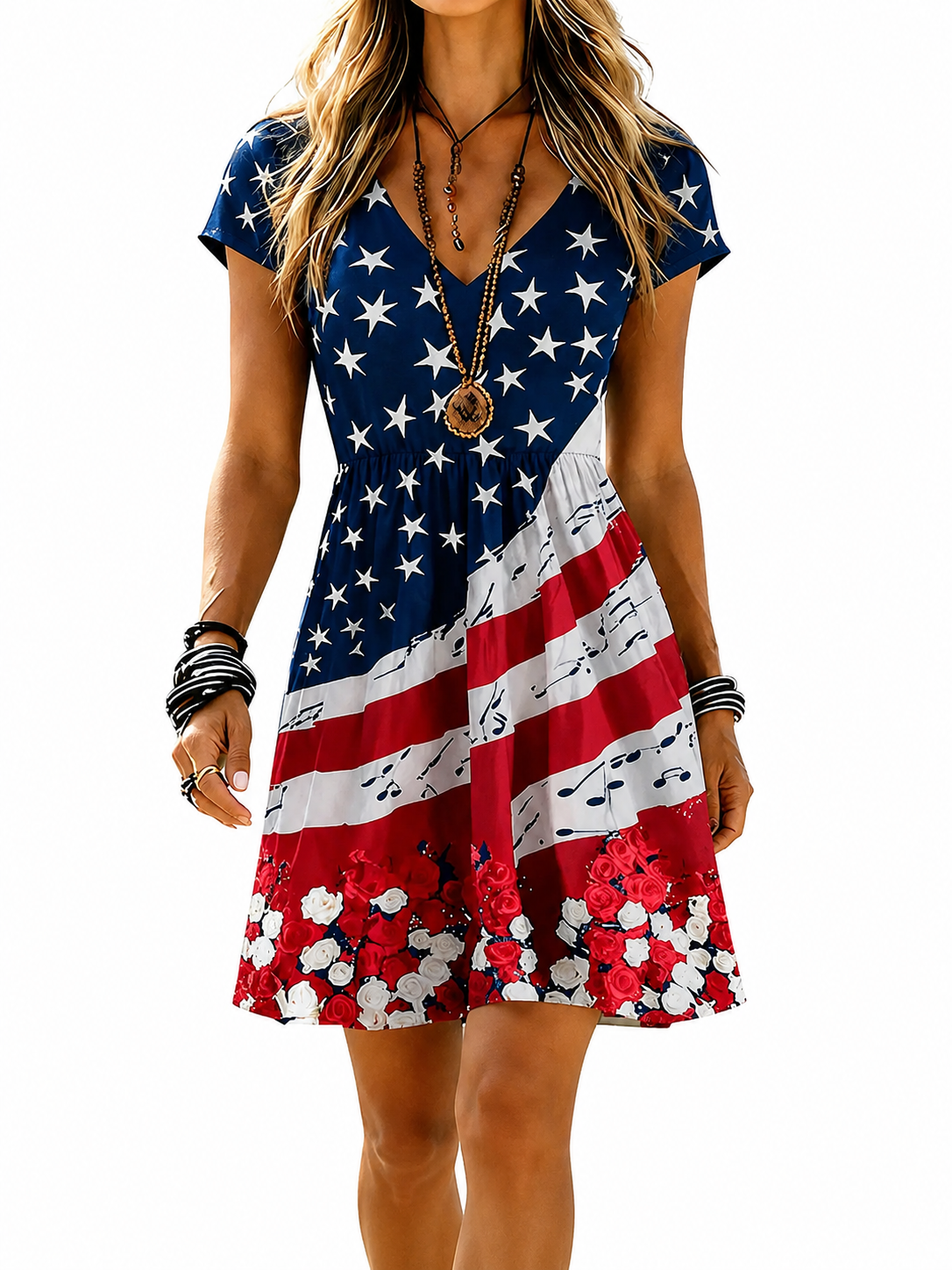 Casual American Five-star Flag Fluttering Colorful Flag V-neck Short Sleeved Dress