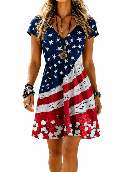 Casual American Five-star Flag Fluttering Colorful Flag V-neck Short Sleeved Dress