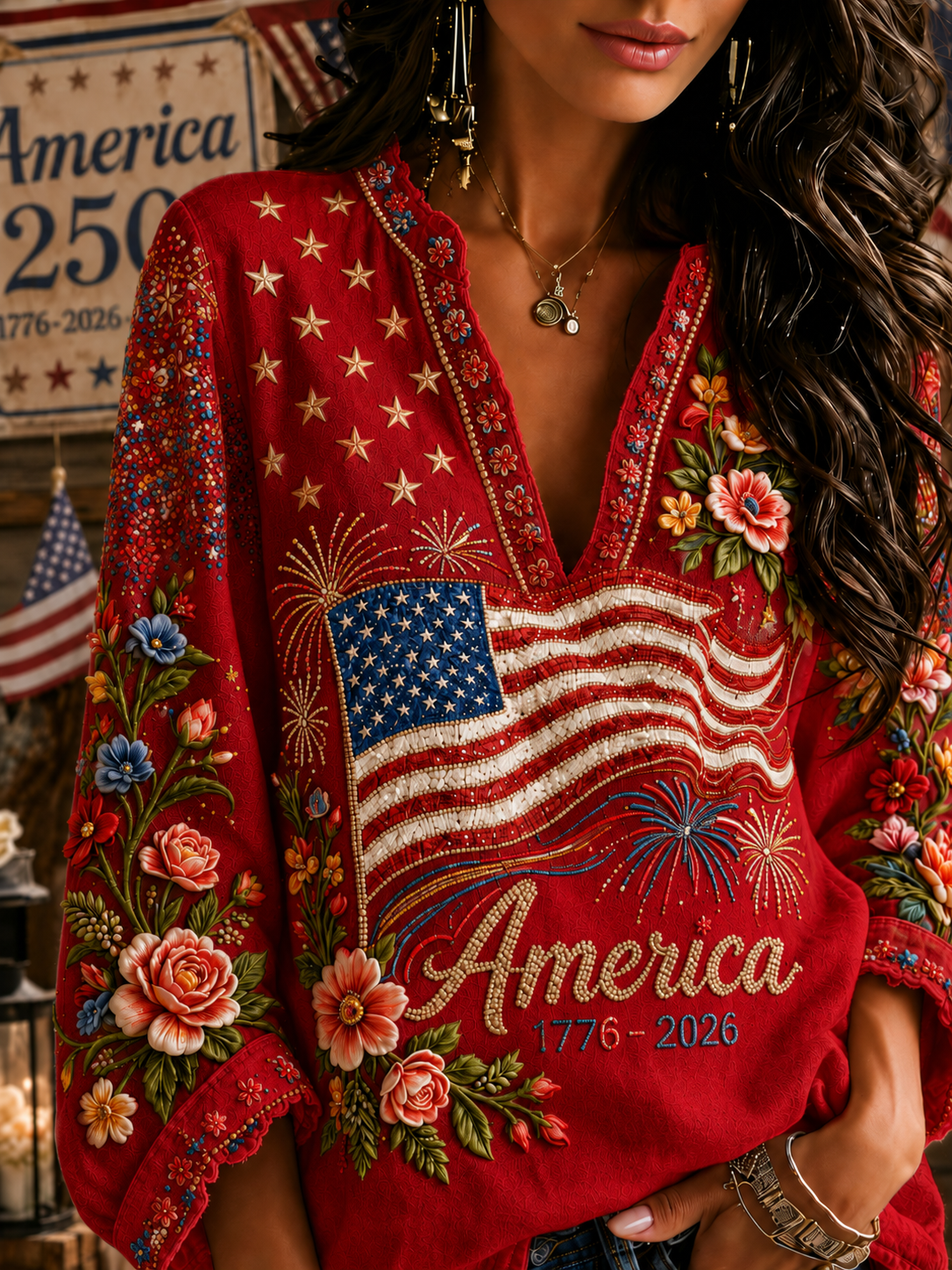 Women's Independence Day Flag And Floral Cotton Linen Loose V-neck Long Sleeve Top