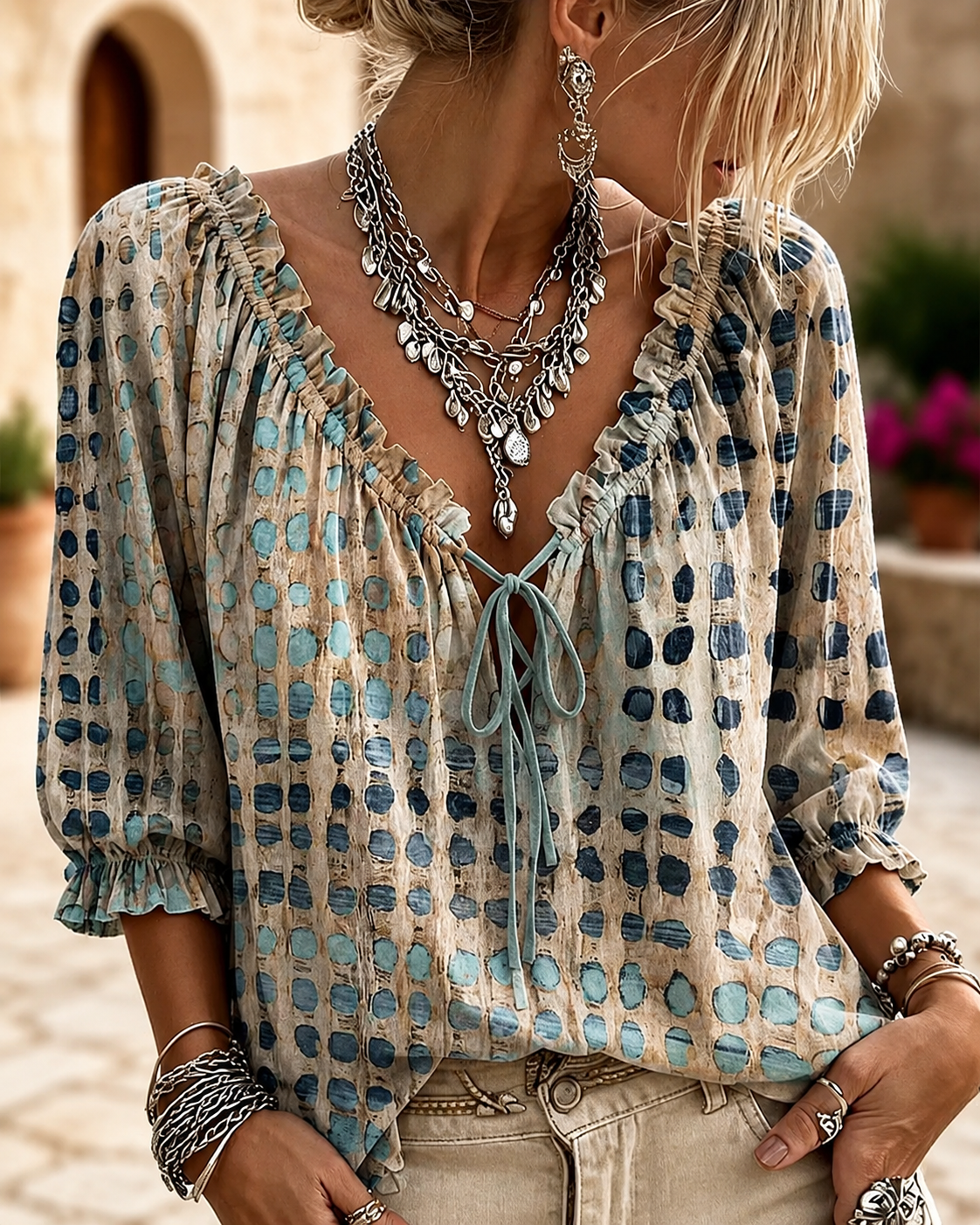 Polka Dot Lace Up Blouse