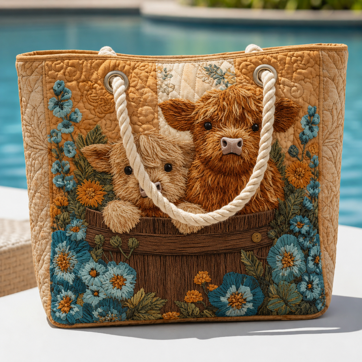 Country Highland Cow Floral Quilted Beach Tote Bag