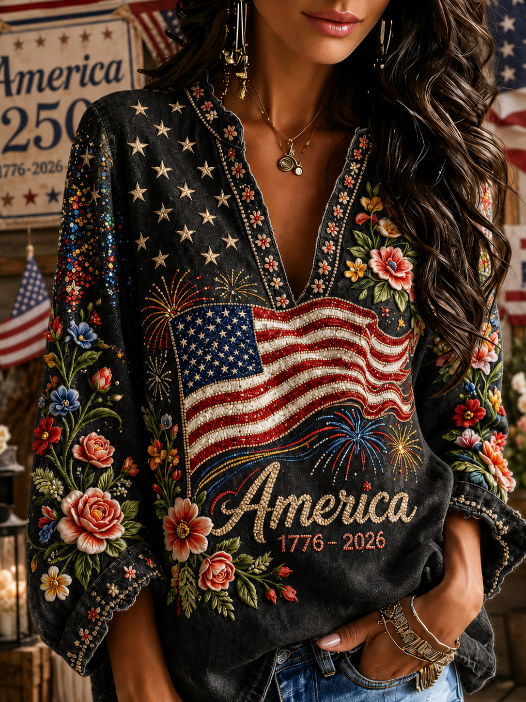 Women's Independence Day Flag And Floral Cotton Linen Loose V-neck Long Sleeve Top