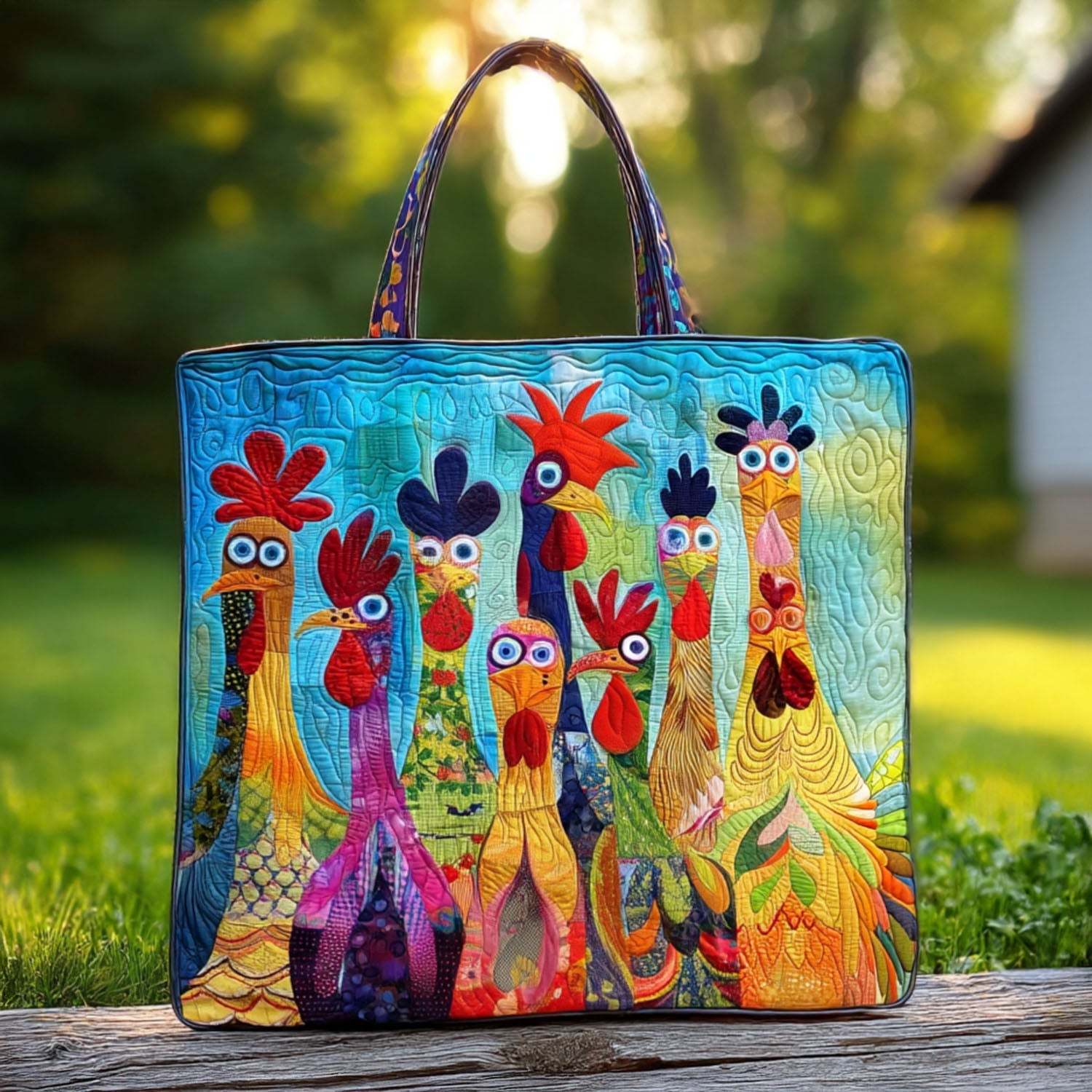 Chicken Vibrant Village Quilted Tote Bag