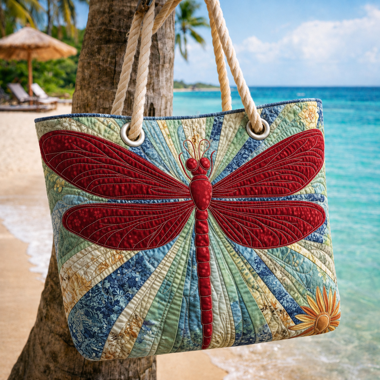 Red Dragonfly Quilted Beach Bag