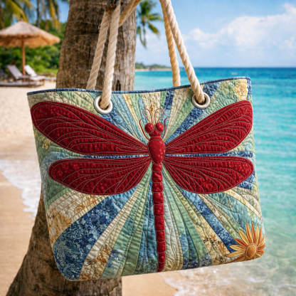 Red Dragonfly Quilted Beach Bag