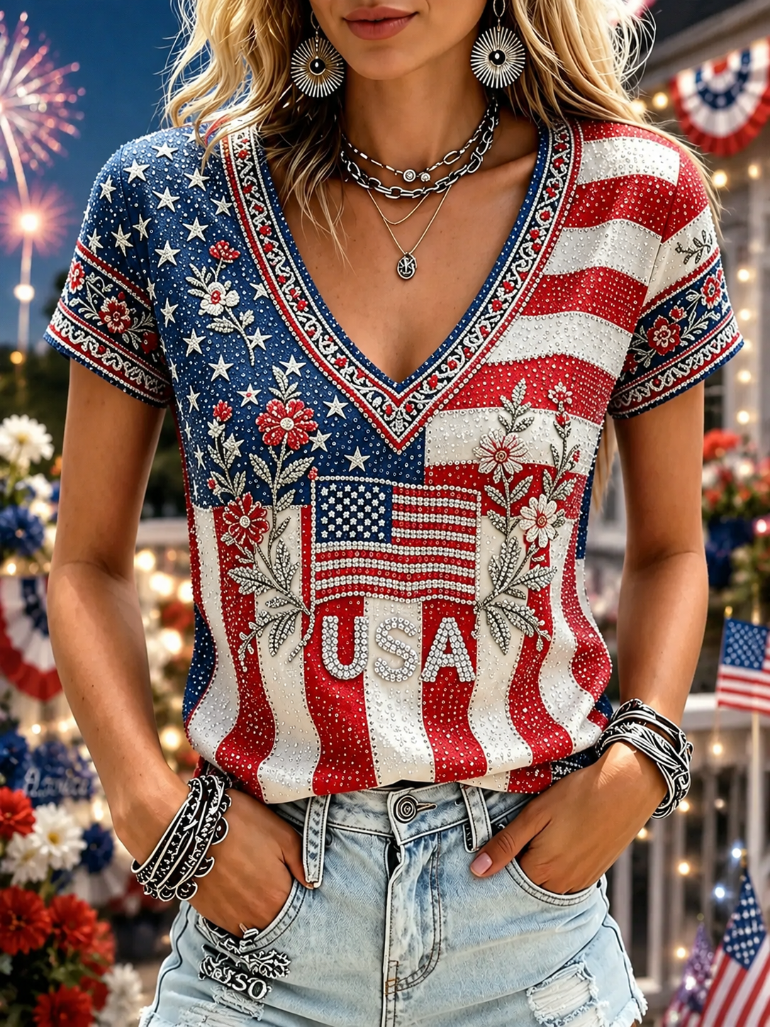 Women's America Hot Drill Floral Art Print Casual T-shirt