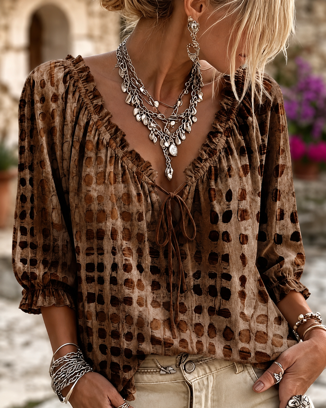 Polka Dot Lace Up Blouse