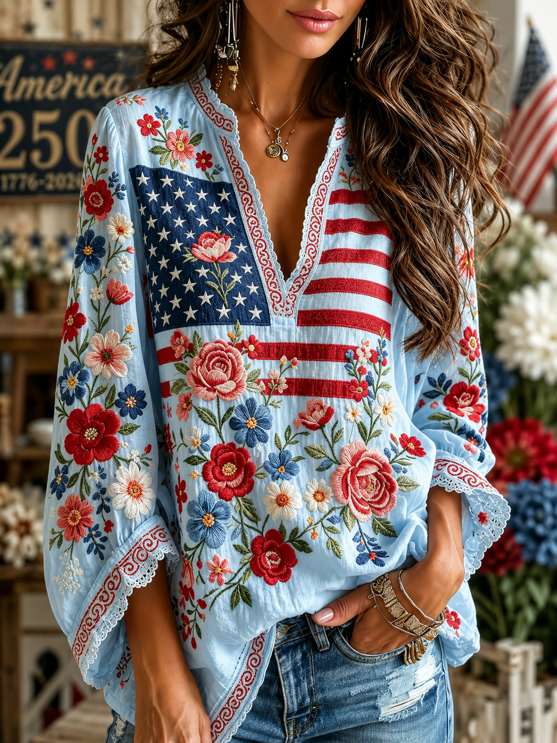 Vintage Floral Flag Art Cotton Linen V-neck Long Sleeve Top