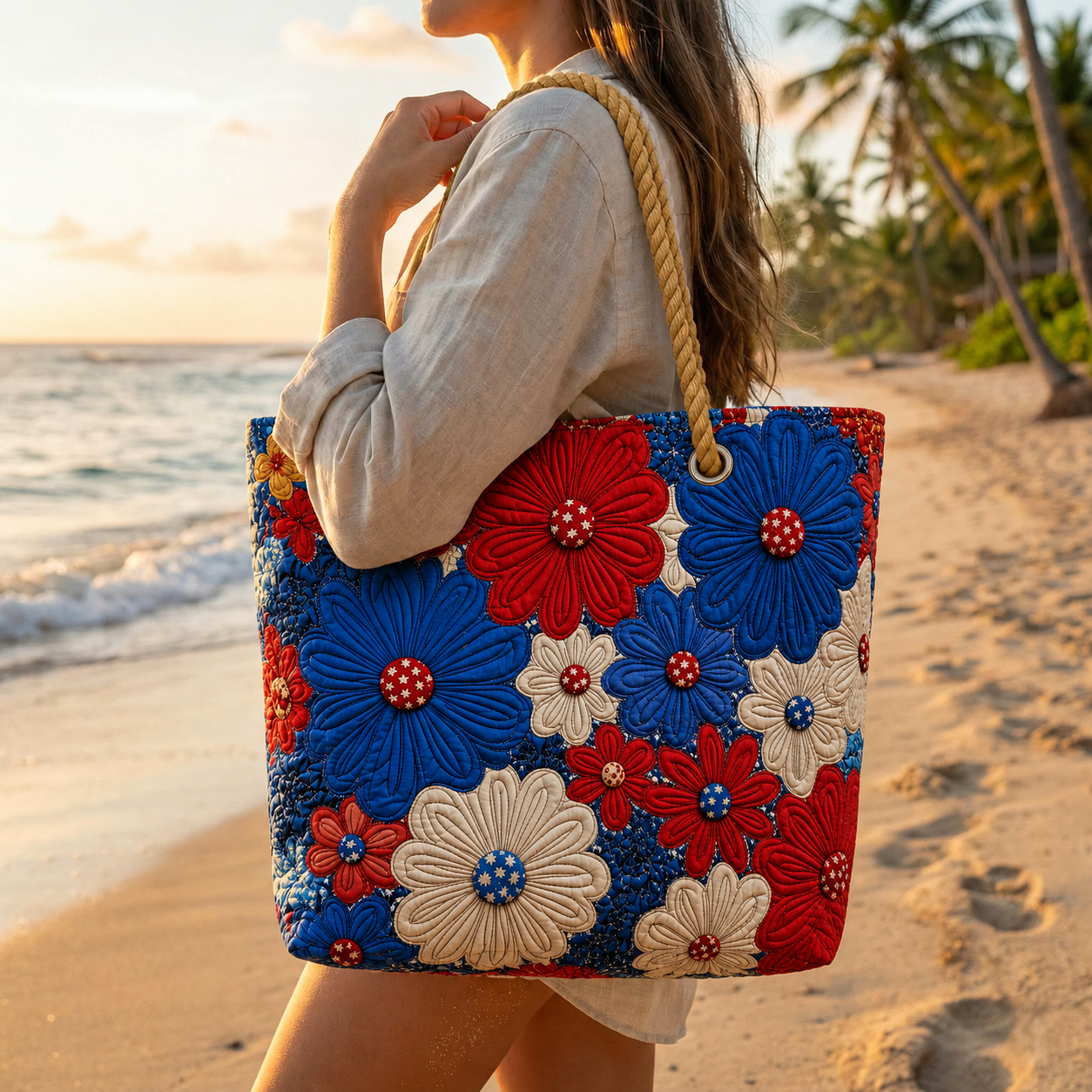 Americana Daisy Bloom Quilted Beach Bag GFTOQA1569