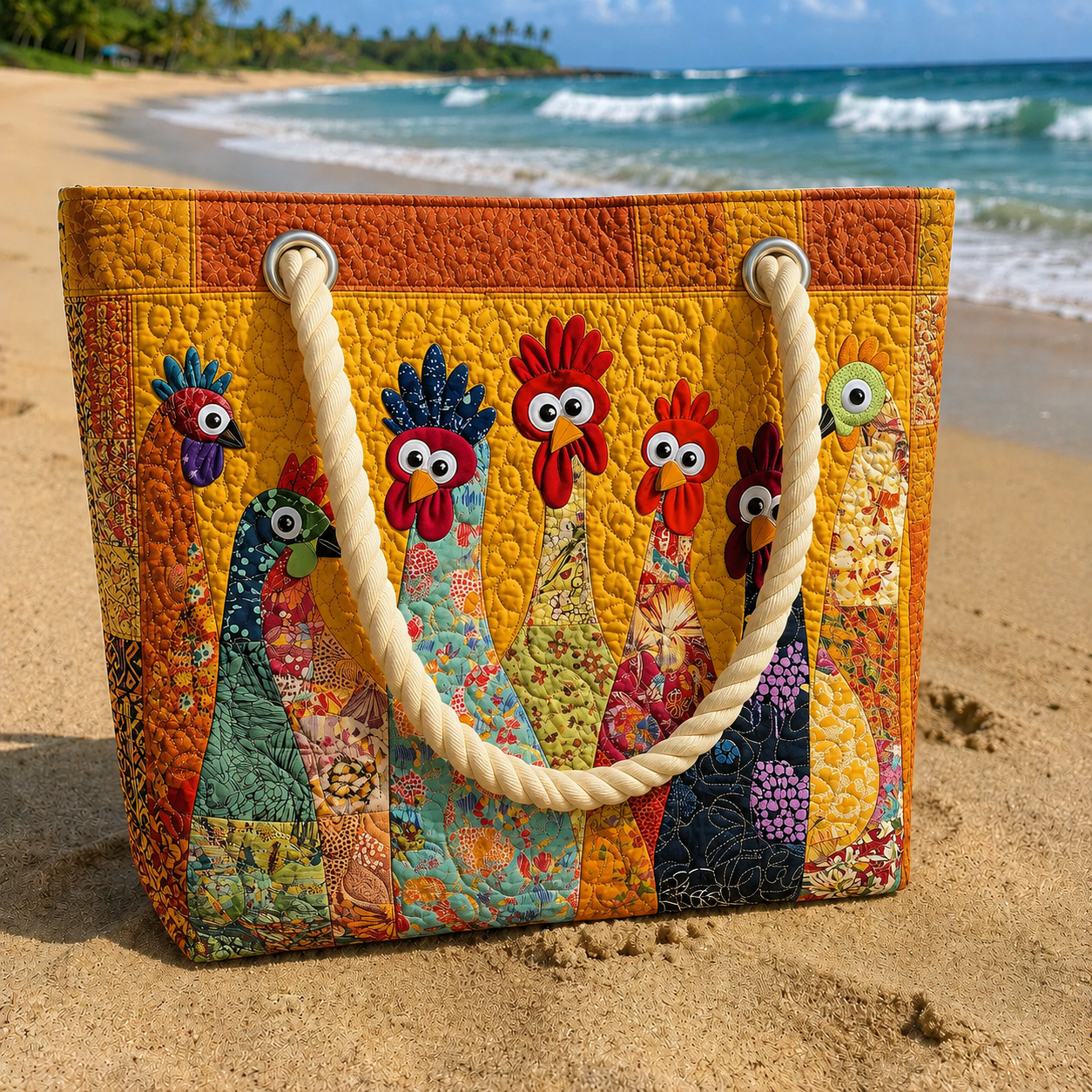 Colorful Rooster Parade Quilted Beach Bag GFTOQA1572
