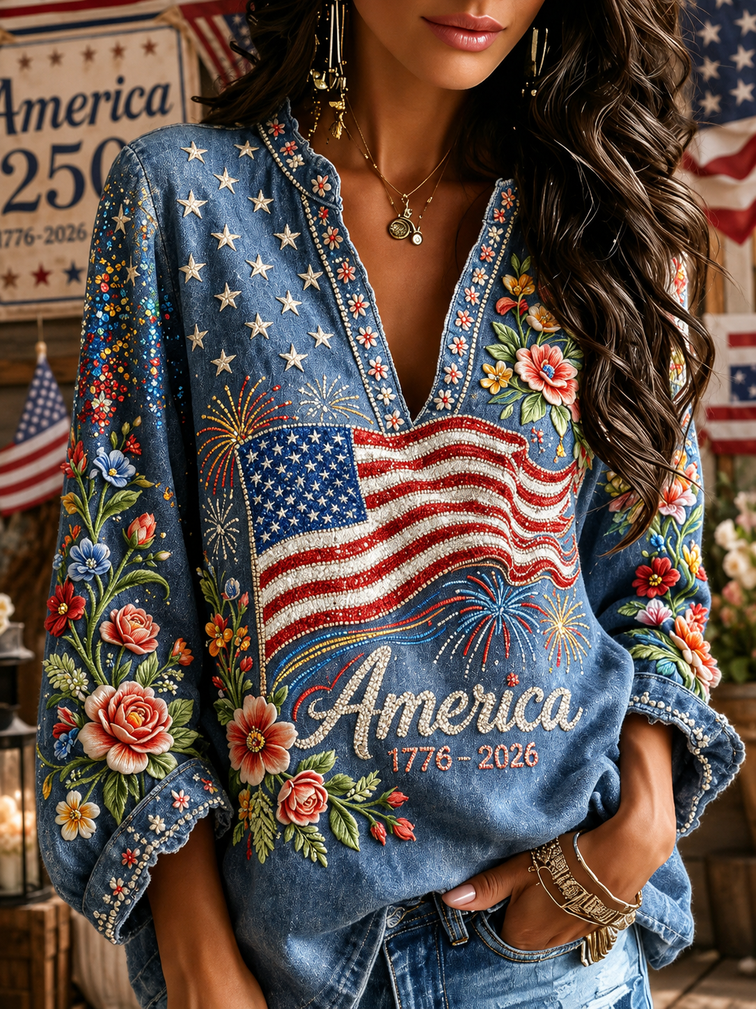 Women's Independence Day Flag And Floral Cotton Linen Loose V-neck Long Sleeve Top