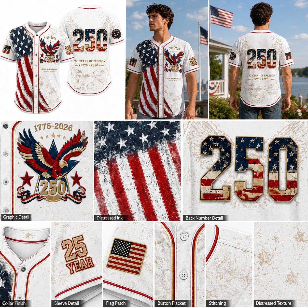 Men's USA 250th Anniversary Baseball Jersey Patriotic American Flag Eagle Button Down Shirt 1776-2026, Vintage Distressed 4th of July Independence Day Graphic Tee, Unisex Casual Sports Top for Men Women, White