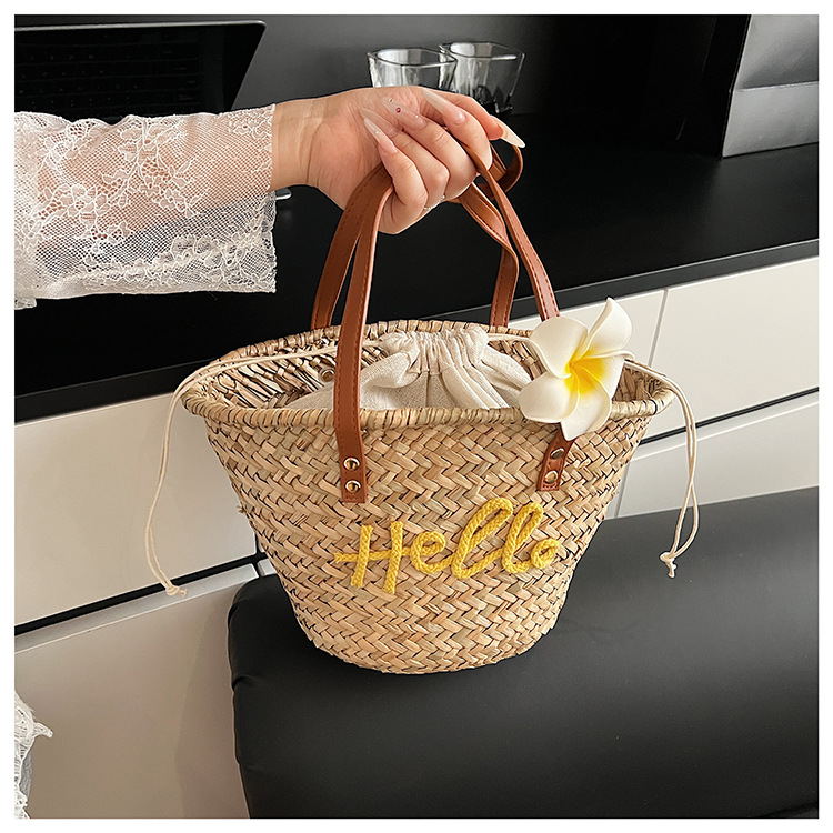 Personalized Hand-Woven Straw Tote Bag - Custom Name Summer Beach Bag with Flower