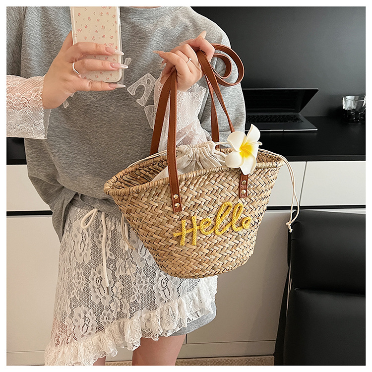 Personalized Hand-Woven Straw Tote Bag - Custom Name Summer Beach Bag with Flower