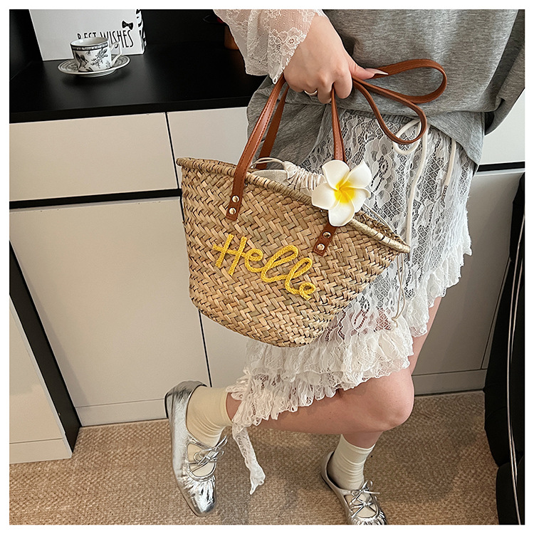 Personalized Hand-Woven Straw Tote Bag - Custom Name Summer Beach Bag with Flower