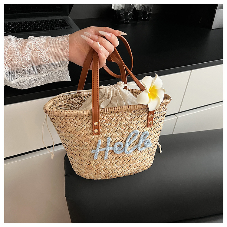 Personalized Hand-Woven Straw Tote Bag - Custom Name Summer Beach Bag with Flower