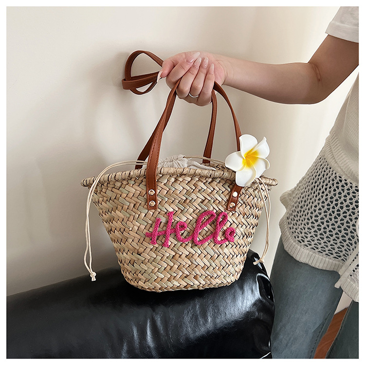 Personalized Hand-Woven Straw Tote Bag - Custom Name Summer Beach Bag with Flower