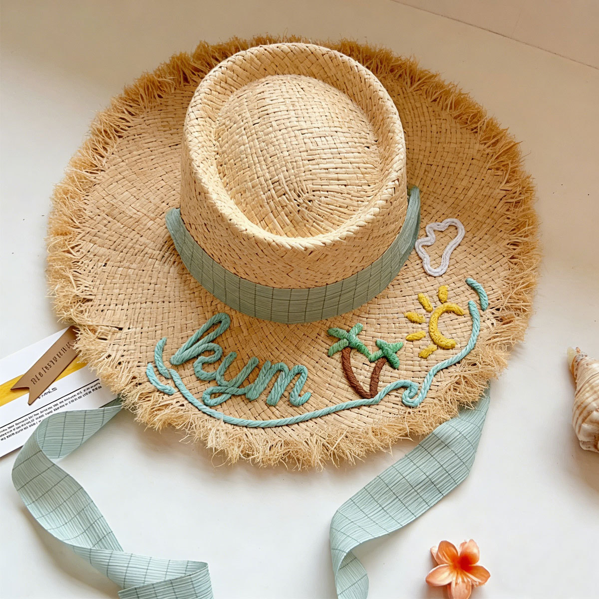 Custom Name Embroidered Straw Sun Hat - Personalized Frayed Brim Beach Hat with Ribbon - Summer Vacation Accessory