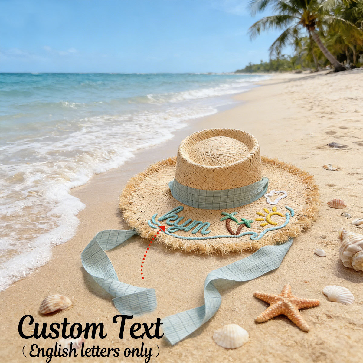 Custom Name Embroidered Straw Sun Hat - Personalized Frayed Brim Beach Hat with Ribbon - Summer Vacation Accessory