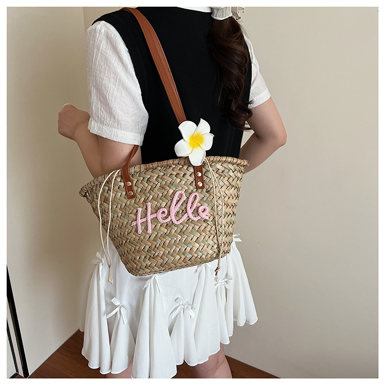 Personalized Hand-Woven Straw Tote Bag - Custom Name Summer Beach Bag with Flower