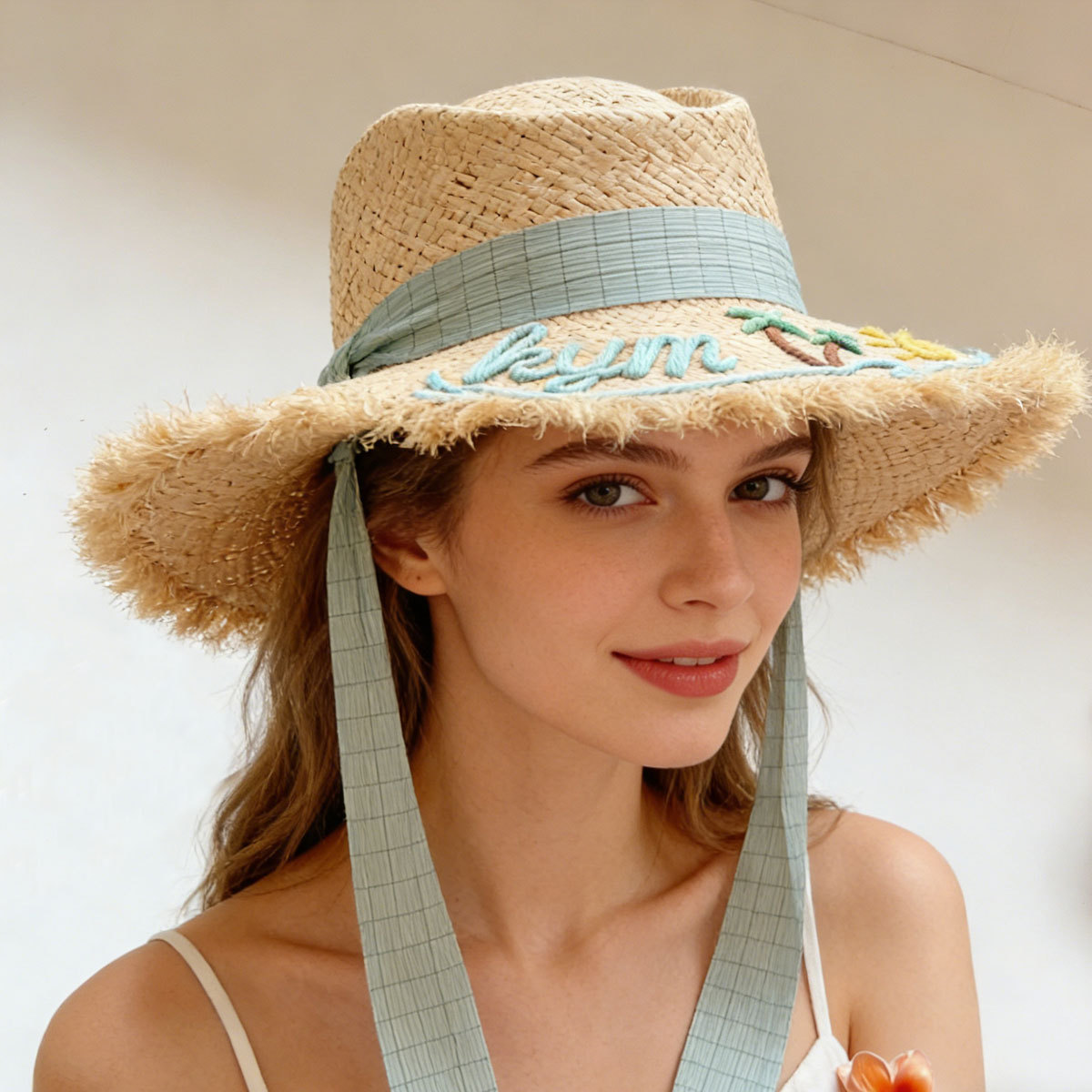 Custom Name Embroidered Straw Sun Hat - Personalized Frayed Brim Beach Hat with Ribbon - Summer Vacation Accessory