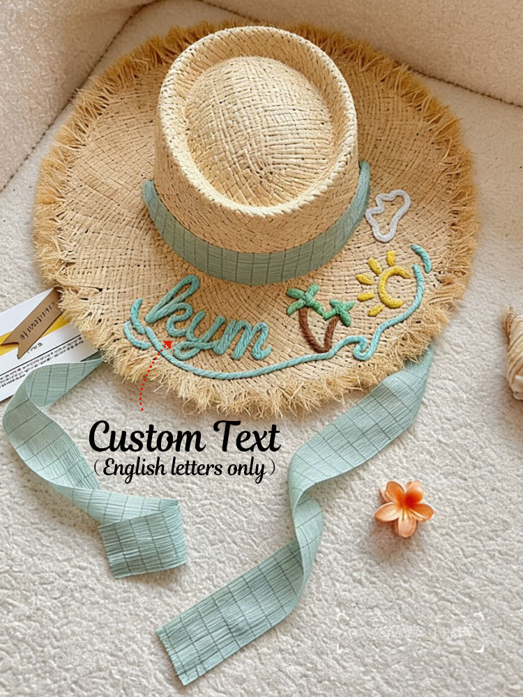 Custom Name Embroidered Straw Sun Hat - Personalized Frayed Brim Beach Hat with Ribbon - Summer Vacation Accessory
